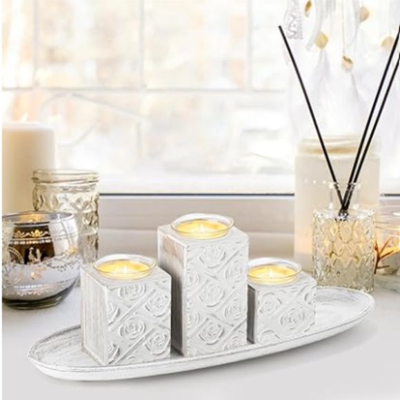 Set of 3 / 3 Sizes - Tealight / Votive Candle Holders with Wooden Stands & Tray - Picture 2 of 11